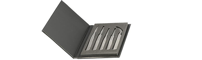 50-006095-EM-Tec SET-TI high precision tweezers set style 00-2A-3C-5-7-titanium.jpg EM-Tec SET.TI high precision tweezers set style 1/2A/3C/5/7 in plastic wallet with hard foam, titanium